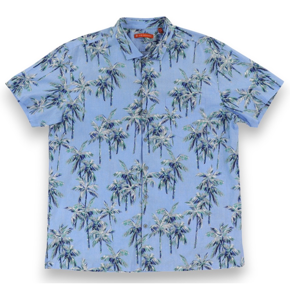Tori Richard Shirt Men XL Blue Palm Tree Hawaiian Aloha Short Sleeve Cotton Lawn